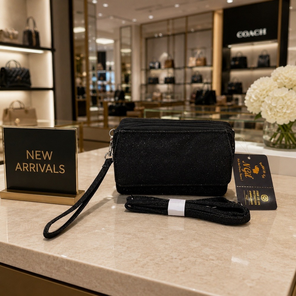 Y2K‎ Black Glitter Crossbody Wrist Wallet Clutch Coquette Party Goth Evening Bag